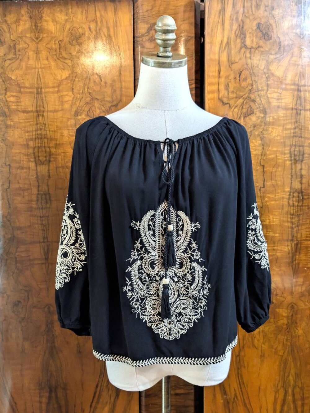 Anthropologie Luna Moon Embroidered Beaded Peasant Blouse S Black Boho Tassels